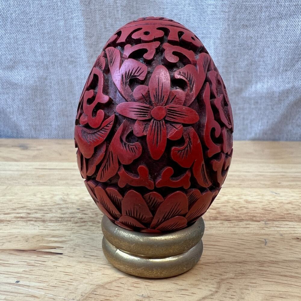 Vintage CINNABAR Double Happiness Carved Wooden EGG by Franklin Mint Collector